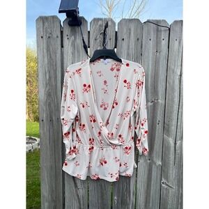 Ophelia Roe Womens XL Cream Red Floral Surplice Peplum Top Ruched 3/4 Sleeve